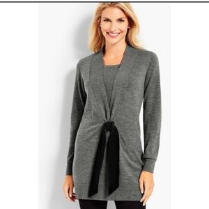 Talbots Pure Merino Wool Gray Cardigan with Black Tie Accent